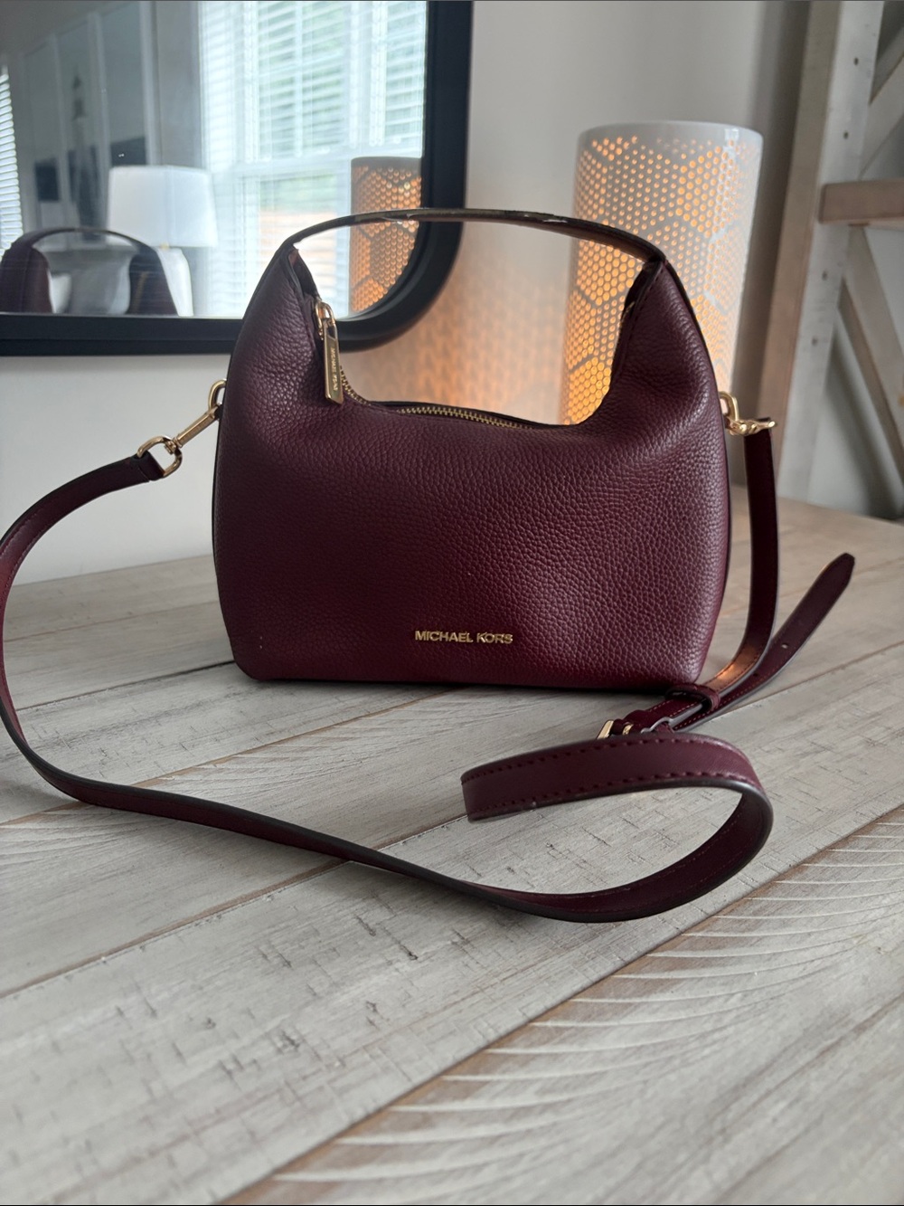 Michael Kors Burgundy Pebbled Leather Mini Hobo Crossbody